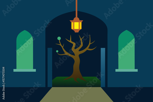 Traditional Room With Glowing Chandelier And Tree