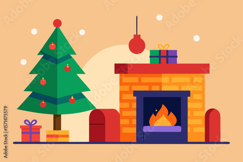 Vector Illustration Of Cozy Christmas Living Room