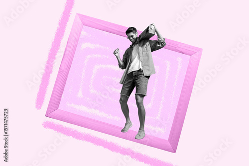 Sketch contemporary art photo collage of happy girl guy stand vertex hypnosis doodle picture tension manipulation lie spam