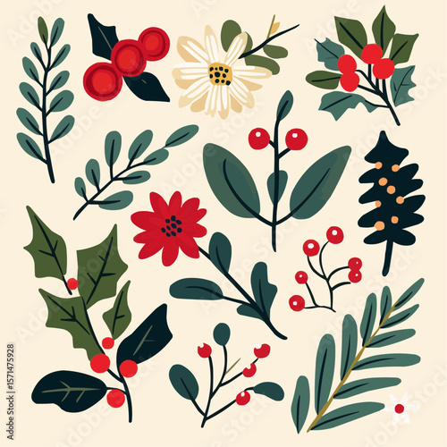 Elegant flat winter floral set with mistletoe, holly, berries, pine branches and delicate flowers for Christmas packaging, greeting cards, wrapping paper and festive crafts