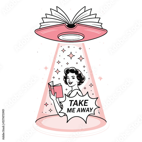 A whimsical design with a book and the phrase "Take Me Away", perfect for book lovers and readers, vector illustration.