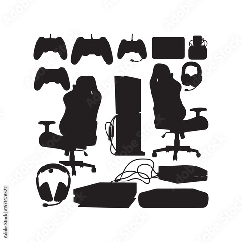 Ultimate Gamer Setup Console, PC Gaming Accessories, and Ergonomic Chair Silhouettes