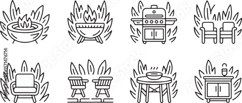 Charming Outdoor Living Icons Line Art Depicting Fire Pits, Grills, Seating, and Tables for Patio Inspiration