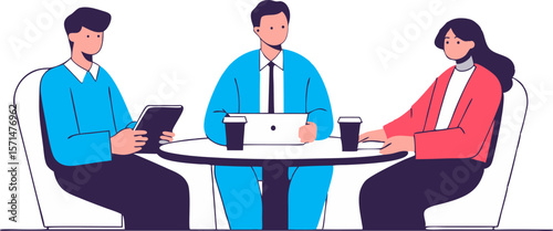 Diverse business team collaborates around a table with laptops and coffee vector illustraton