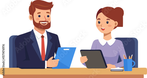 Smiling business man and woman collaborating at a desk with tablet and clipboard vector illustraton