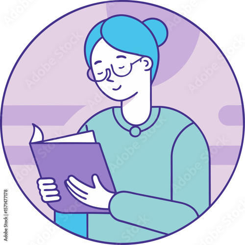 Elderly woman with glasses reading a book isolated on vector design in transparent background