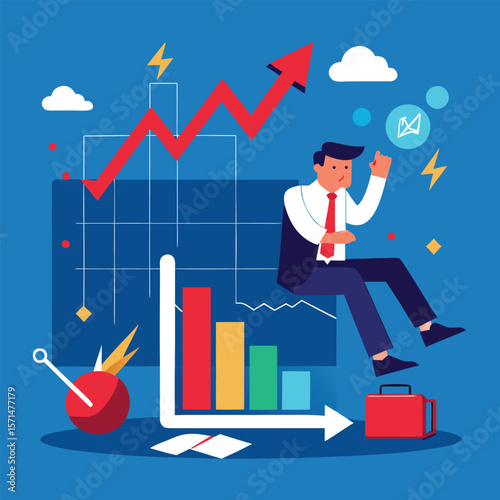 Successful businessman celebrating growth achieved on financial chart with investment analytics