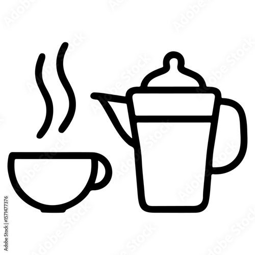 Hot espresso coffee and tea cups, mugs, and teapots vector illustration set