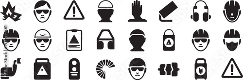 Collection of Workplace Safety Symbols Pictograms Illustrating Various Hazards and Precautions Including Eye Protection, Explosive Risk, Hearing Protection, and Slippery Surfaces for Safety Awareness
