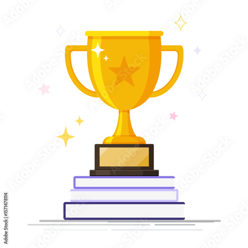 Golden trophy cup on a pile of books. Winner award. Victory symbol. Winner concept. Flat vector illustration. Winning learning or competition concept.