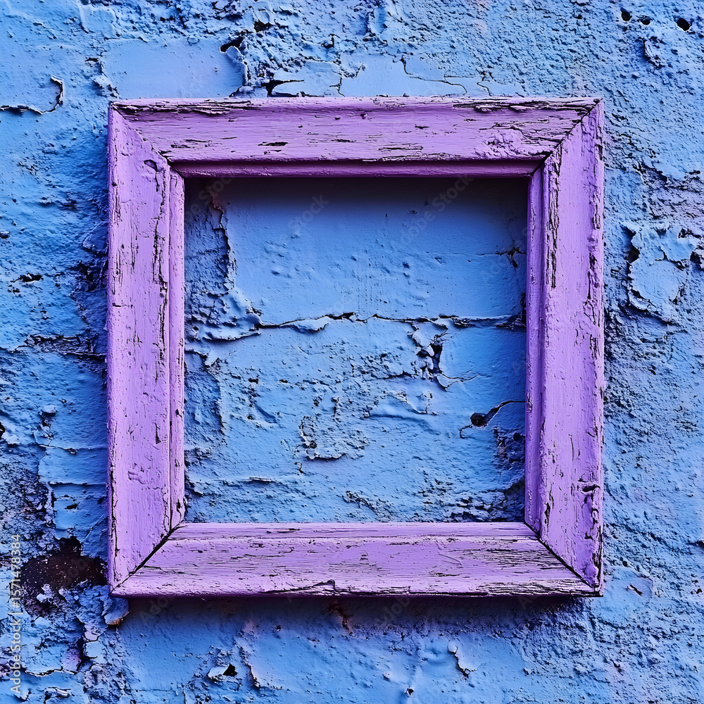 Naklejka premium A lavender-colored wooden picture frame against a blue textured wall.