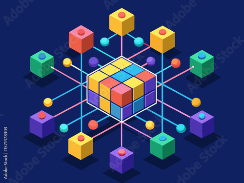 Interconnected Cubes Illustration: A vibrant and dynamic isometric illustration of interconnected cubes, representing the complex and collaborative nature of technology and data interaction.