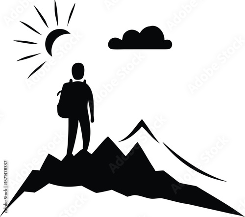 Black Silhouette of Hiker with Backpack Standing on Mountain Peak under Sun and Cloud vector