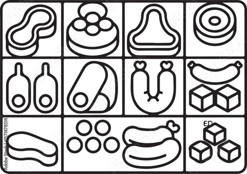 Grid of Food Icons An Organized Display of Stylized Black and White Cuisine Elements Arranged Neatly A Culinary Mosaic of Distinctive and Edible Creations