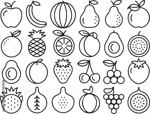 Outlined Fruits Galore A Black and White Compilation Showcasing Variety From Apples to Watermelons, Strawberries to Grapes, Presenting a Symphony of Nature's Bounty