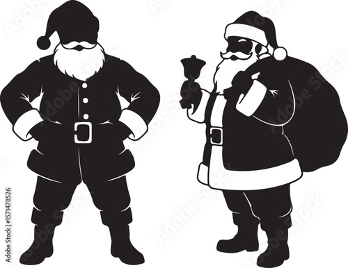 "Black and White Santa Claus Silhouette Vector Illustration – Christmas Holiday Design with Santa Holding Gift Bag and Bell – Festive Clipart for Greeting Cards, Posters, and Decorations"