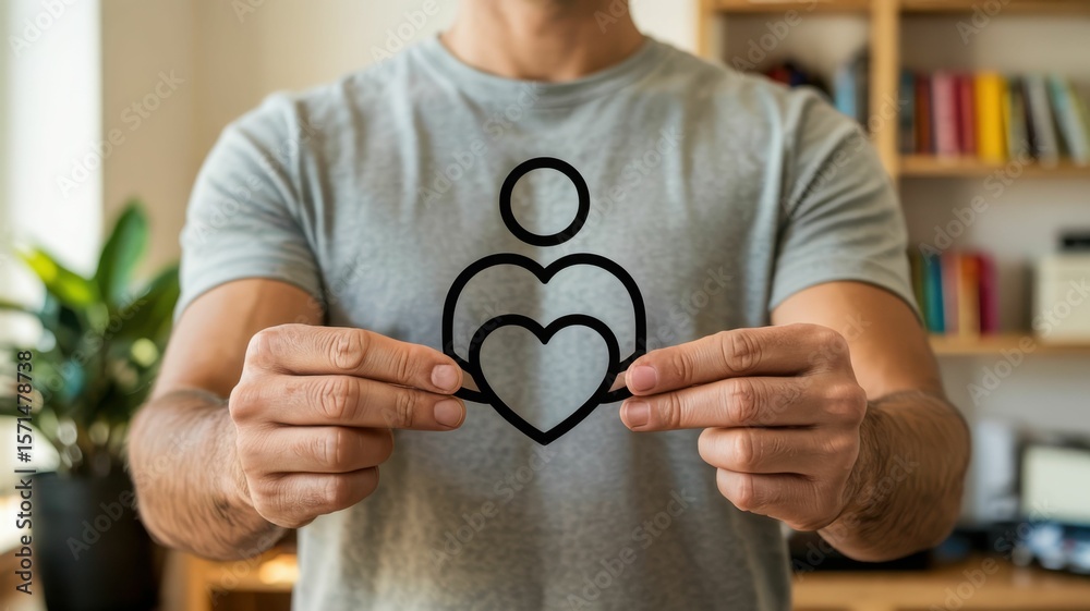 Fototapeta premium Man holding outline of person with two hearts love