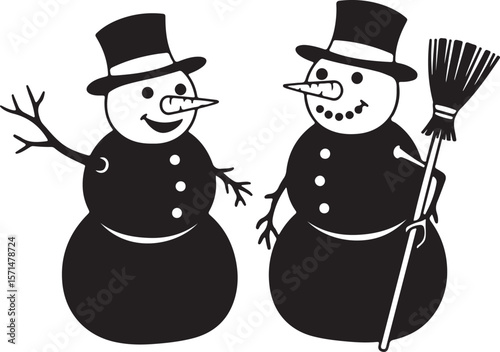 A happy cartoon snowman with a carrot nose and a red scarf stands next to a smiling girl and woman, celebrating the winter holiday season with decorative snow and ice