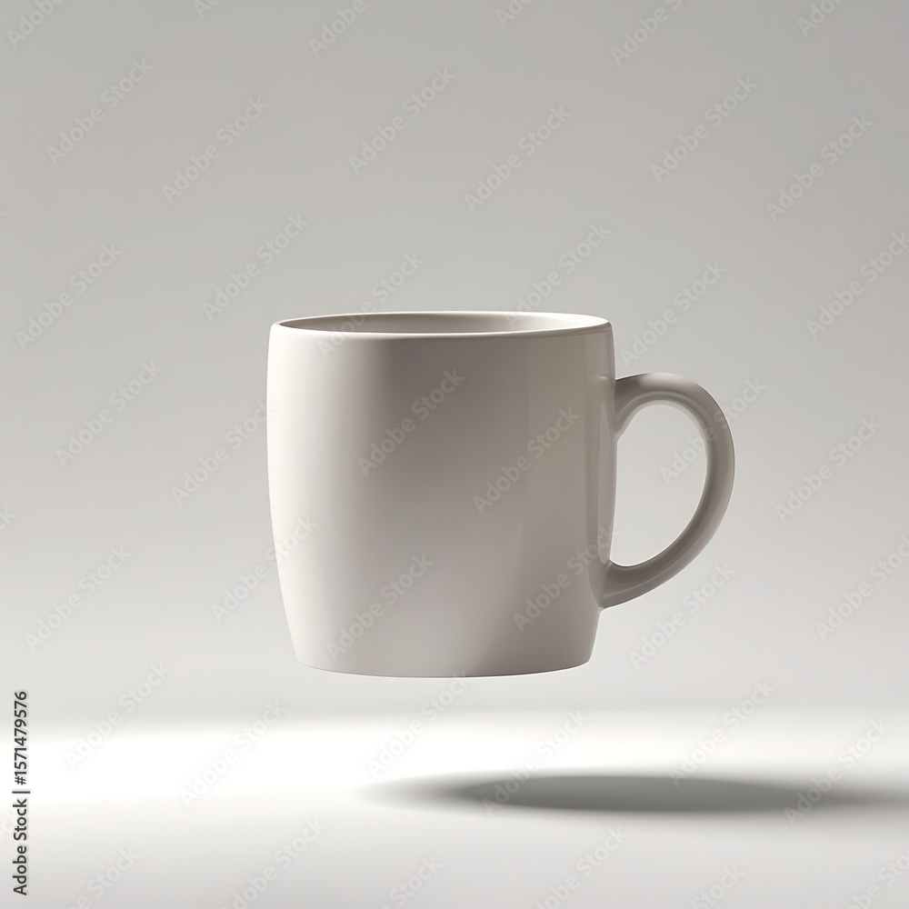 Obraz premium A ceramic coffee mug levitating in mid-air against a seamless white background, shot with soft diffused studio lighting from both sides, with subtle shadow beneath to add realism.