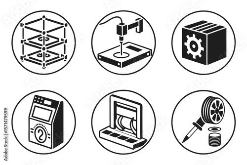 Six 3d printer icons in circles isolated on white background