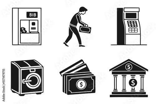 A man carrying a briefcase walks past an atm isolated on white background