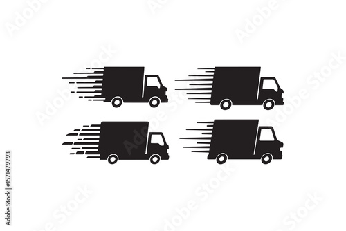 Fast Delivery Truck Silhouettes Speedy Cargo Van Vector Icon Set