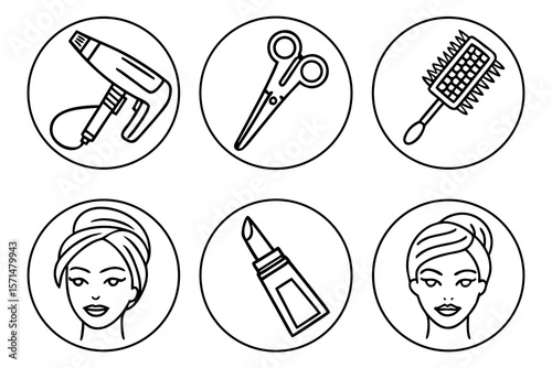 Hairdressing tools and beauty icons isolated on white background