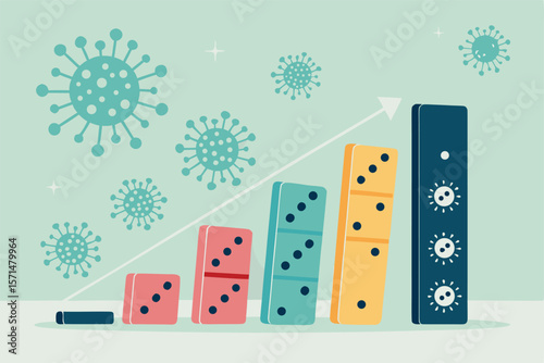 Vector domino effect shows viral marketing, cascading dominoes symbolizing spreading influence.