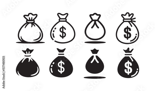 Collection of money bags and dollar signs in various styles isolated on white background