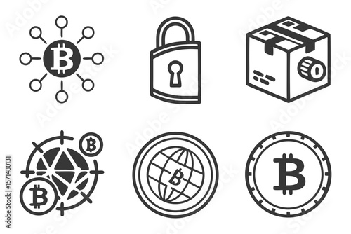 A collection of bitcoin and security icons isolated on white background