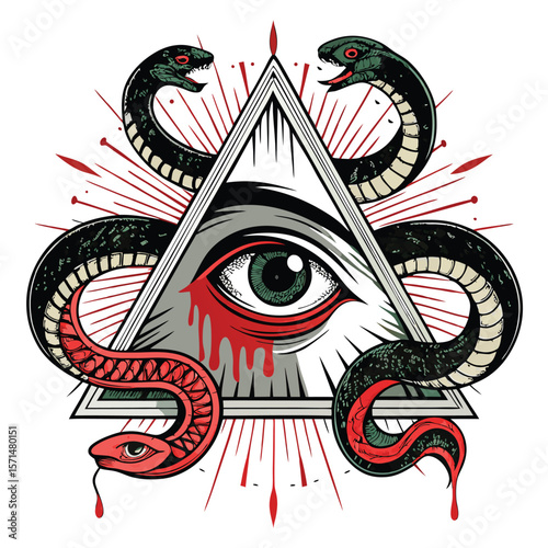A bleeding eye inside a triangle, encircled by snakes; symbolic art.