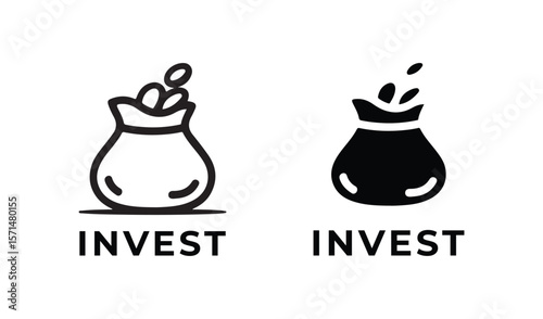 Two investment money bag icons with the word invest below isolated on white background