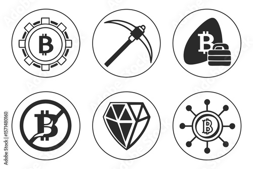 A set of bitcoin and mining icons isolated on white background