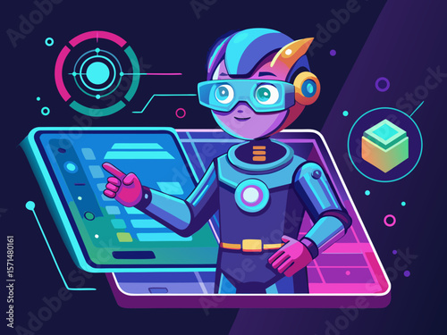 Futuristic Tech: A visually dynamic illustration showcases a futuristic avatar character interacts with advanced technology, against a dark background.