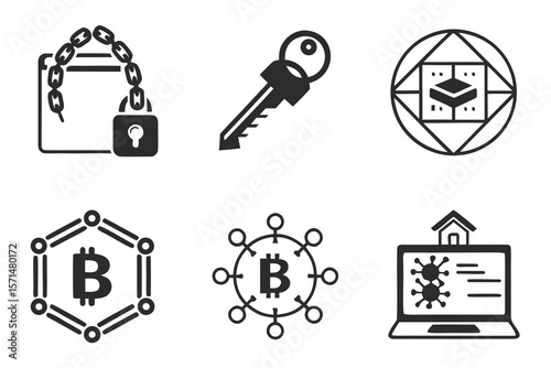 A collection of bitcoin and security icons isolated on white background
