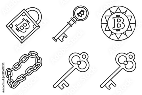 Bitcoin symbols including a key, lock, chain, and coin isolated on white