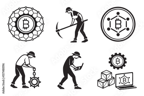 Bitcoin mining symbols including miners, computers, and gears isolated on white