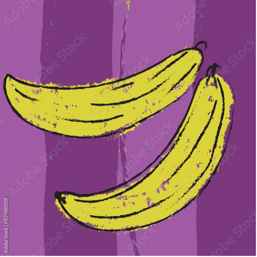 Two hand-drawn bananas on a bold purple background, illustrated with expressive, raw brush textures and vibrant colors. A fun and unconventional take on a classic fruit, perfect for creative food-them