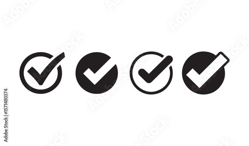 Set of four black checkmark icons in circles isolated on white background
