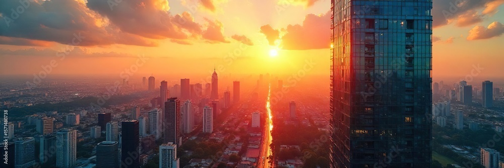 Fototapeta premium Vibrant Summer Cityscape Reflected in High-Rise Glass Sun-Drenched Urban Energy