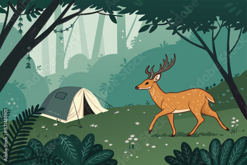Create a vector illustration depicting a peaceful wildlife encounter at a campsite, featuring a deer calmly walking past a tent. Emphasize natural details.