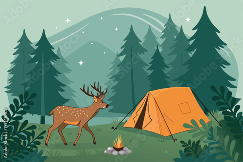 Create a vector illustration of a peaceful wildlife encounter at a campsite a deer calmly walking past a tent.  Focus on realistic detail and serene atmosphere.