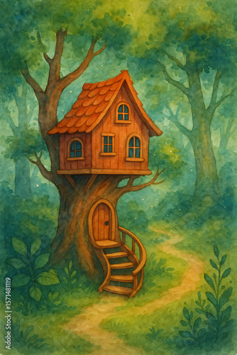 Enchanted Watercolor Treehouse: Whimsical Forest Cottage, Winding Path, Magical Mood