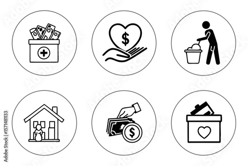 Black and white illustrations of charity and donation concepts in circles