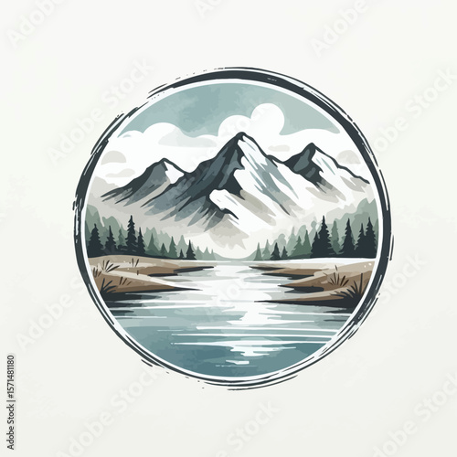 Scenic mountain range with a winding river evokes nature and adventure in a minimalist circular design ideal for branding and logos.	