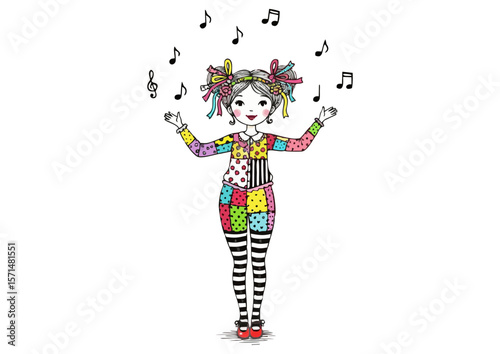 Cheerful clown dancer performing on a white background with musical notes