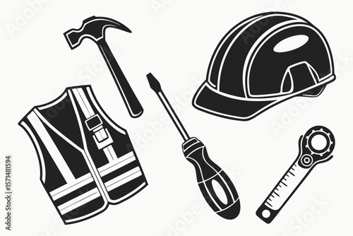 Construction tools and safety gear are isolated on white background