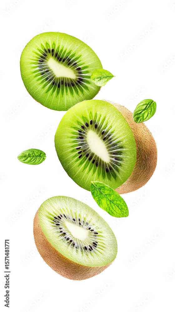 Fototapeta premium Flying sliced kiwi fruit isolated on transparent white background, clipping path