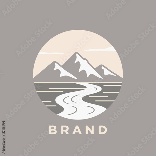 Scenic mountain range with a winding river evokes nature and adventure in a minimalist circular design ideal for branding and logos.	