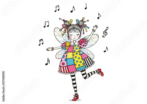 Joyful fairy dancer celebrating on a white background with musical notes